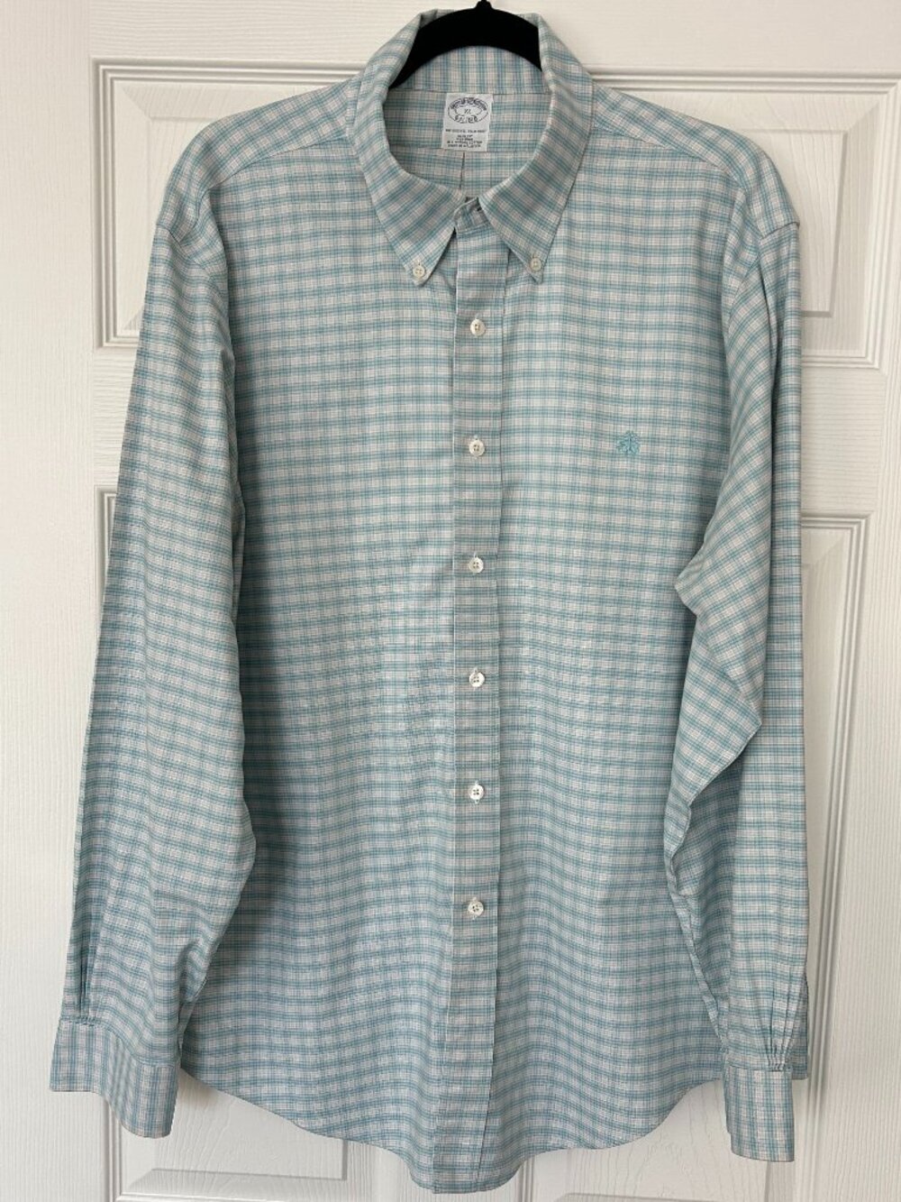 Brooks Brothers Est 1818 XL 18 37 Aqua Plaid Dress Shirt Slim Fit Non Iron